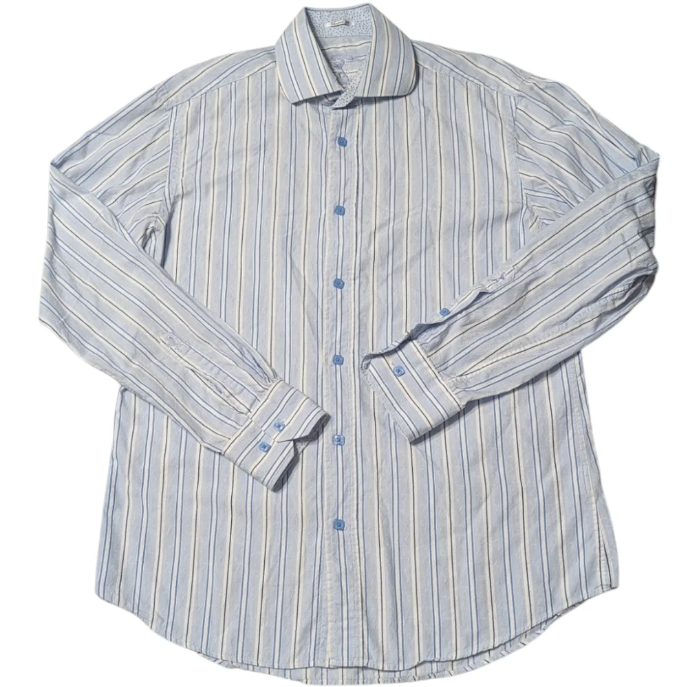 Bugatchi Men's Dress Shirt Blue White Pinstripe Casual Button Down 100% Cotton M